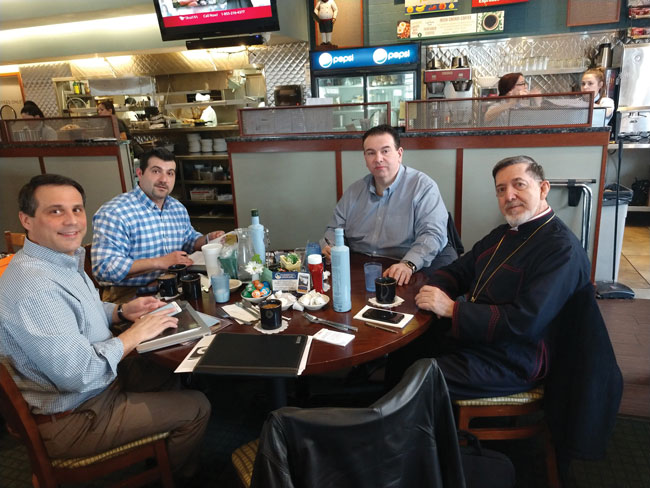 Metropolitan Athenagoras at Blueberry Hill Cafe (Oak Brook IL) with Steven Zervakis, Bobby Alexopoulos George Nikolopoulos